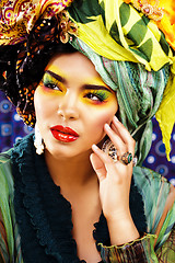 Image showing beauty bright woman with creative make up, many shawls on head like cubian