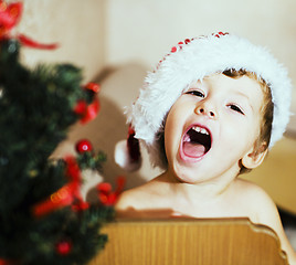Image showing portrait of little cute boy in Christmas in red hat