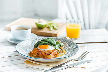 Image showing Scrambled eggs on meat with fried potatoes and toast