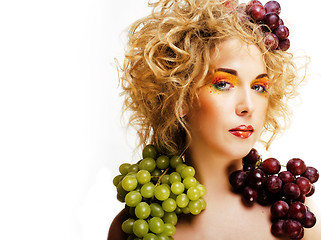 Image showing cute blond woman with creative make up and grapes isolated