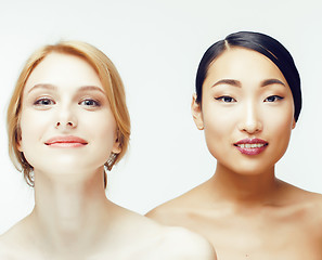 Image showing different nation woman: asian, caucasian together isolated on white background happy smiling, diverse type on skin, lifestyle people concept 