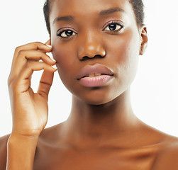 Image showing young pretty african american woman naked taking care of her skin isolated on white background, healthcare people concept