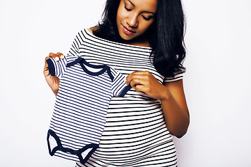 Image showing young pretty african american woman pregnant happy smiling, posing on white background isolated , lifestyle people concept copyspace 