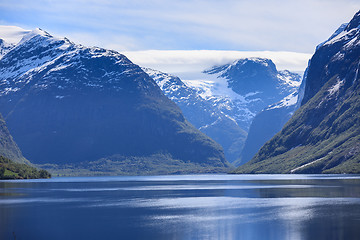 Image showing A beautiful spring day with snow on the mountain peaks, blue sky