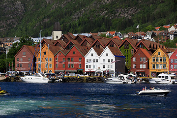 Image showing BERGEN HARBOR, NORWAY - MAY 27, 2017: Private boats on a row alo