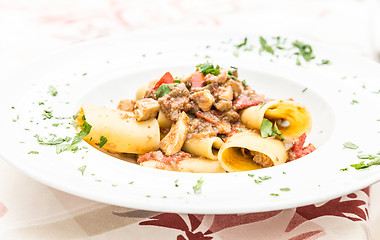 Image showing Italian Paccheri pasta  with Swordfish