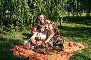 Image showing cute happy family on picnic laying on green grass mother and kid