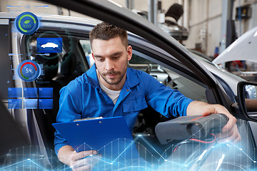 Image showing mechanic man with diagnostic scanner at car shop