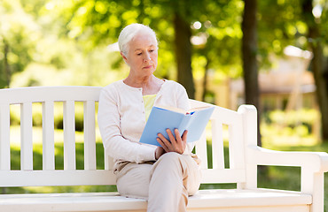 Image showing senior woman reading book at summer park