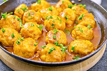 Image showing Meatballs in pan on black board