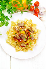 Image showing Farfalle with turkey and vegetables on board top