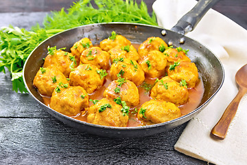 Image showing Meatballs in pan with greens on board