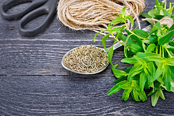 Image showing Savory dry in spoon with twine on black board