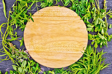 Image showing Frame of spicy grass and round board
