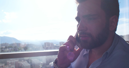 Image showing Business Man Talking On Cell Phone At Home