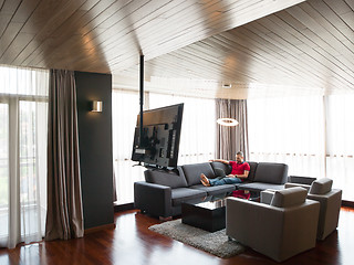 Image showing Man using laptop in living room