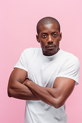 Image showing Positive thinking African-American man on pink background