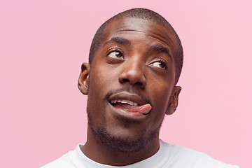 Image showing Positive thinking African-American man on pink background