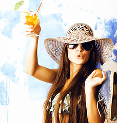 Image showing cute bright woman in sunglasses and hat with cocktail in bikini studio