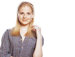 Image showing young pretty teenage hipster girl posing emotional happy smiling on white background, lifestyle people concept 