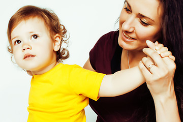 Image showing pretty real normal mother with cute blond little daughter close up isolated on white background, lifestyle real people concept