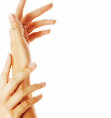 Image showing beauty delicate hands with manicure holding flower lily close up