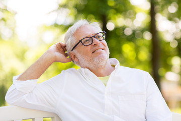 Image showing happy senior man in glasses sitting at summer park