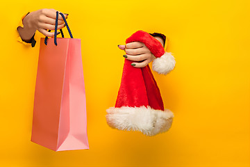 Image showing Female hand holding bright shopping bag