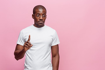 Image showing Positive thinking African-American man on pink background