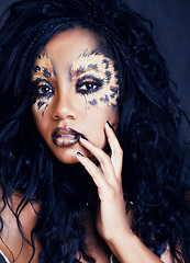 Image showing beauty afro girl with cat make up, creative leopard print closeu