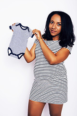 Image showing young pretty african american woman pregnant happy smiling, posing on white background isolated , lifestyle people concept copyspace 