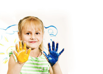 Image showing little cute blond girl painting isolated on white background