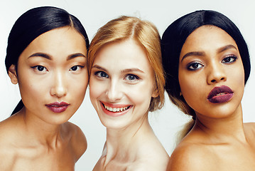 Image showing different nation woman: asian, african-american, caucasian together isolated on white background happy smiling, diverse type on skin, lifestyle people concept 