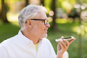 Image showing old man using voice command recorder on smartphone