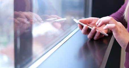 Image showing Close up of business woman using cell phone in office interior