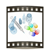 Image showing Syringe, tablet, pill jar. 3D illustration. The film strip.