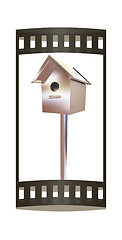 Image showing birdhouse - a metal souvenir. 3d illustration. The film strip.