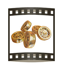 Image showing Golden wheels Set isolated on white. Top view. 3d illustration. 