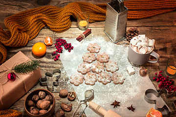 Image showing Homemade bakery making, gingerbread cookies in form of Christmas tree close-up.