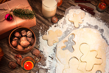 Image showing Homemade bakery making, gingerbread cookies in form of Christmas tree close-up.