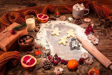 Image showing Homemade bakery making, gingerbread cookies in form of Christmas tree close-up.