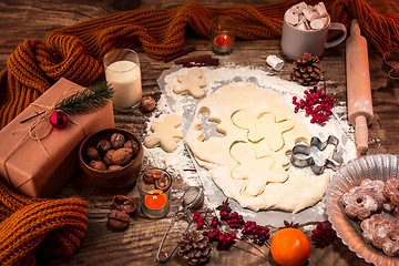 Image showing Homemade bakery making, gingerbread cookies in form of Christmas tree close-up.