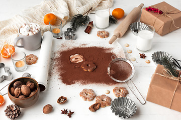 Image showing Homemade bakery making, gingerbread cookies in form of Christmas tree close-up.