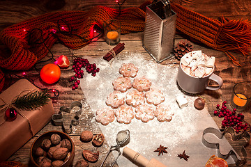 Image showing Homemade bakery making, gingerbread cookies in form of Christmas tree close-up.