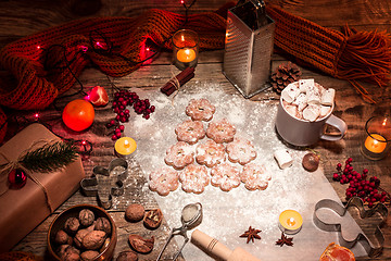 Image showing Homemade bakery making, gingerbread cookies in form of Christmas tree close-up.