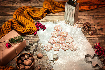 Image showing Homemade bakery making, gingerbread cookies in form of Christmas tree close-up.