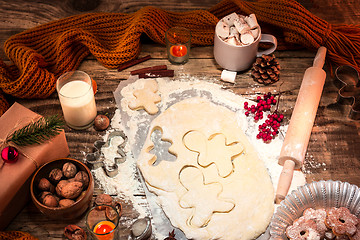 Image showing Homemade bakery making, gingerbread cookies in form of Christmas tree close-up.