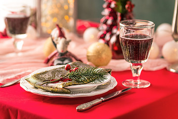 Image showing Beautiful Christmas table setting with decorations