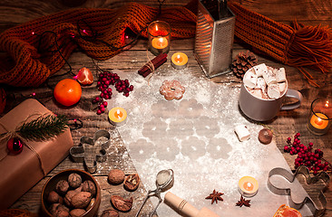 Image showing Homemade bakery making, gingerbread cookies in form of Christmas tree close-up.