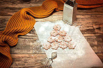 Image showing Homemade bakery making, gingerbread cookies in form of Christmas tree close-up.